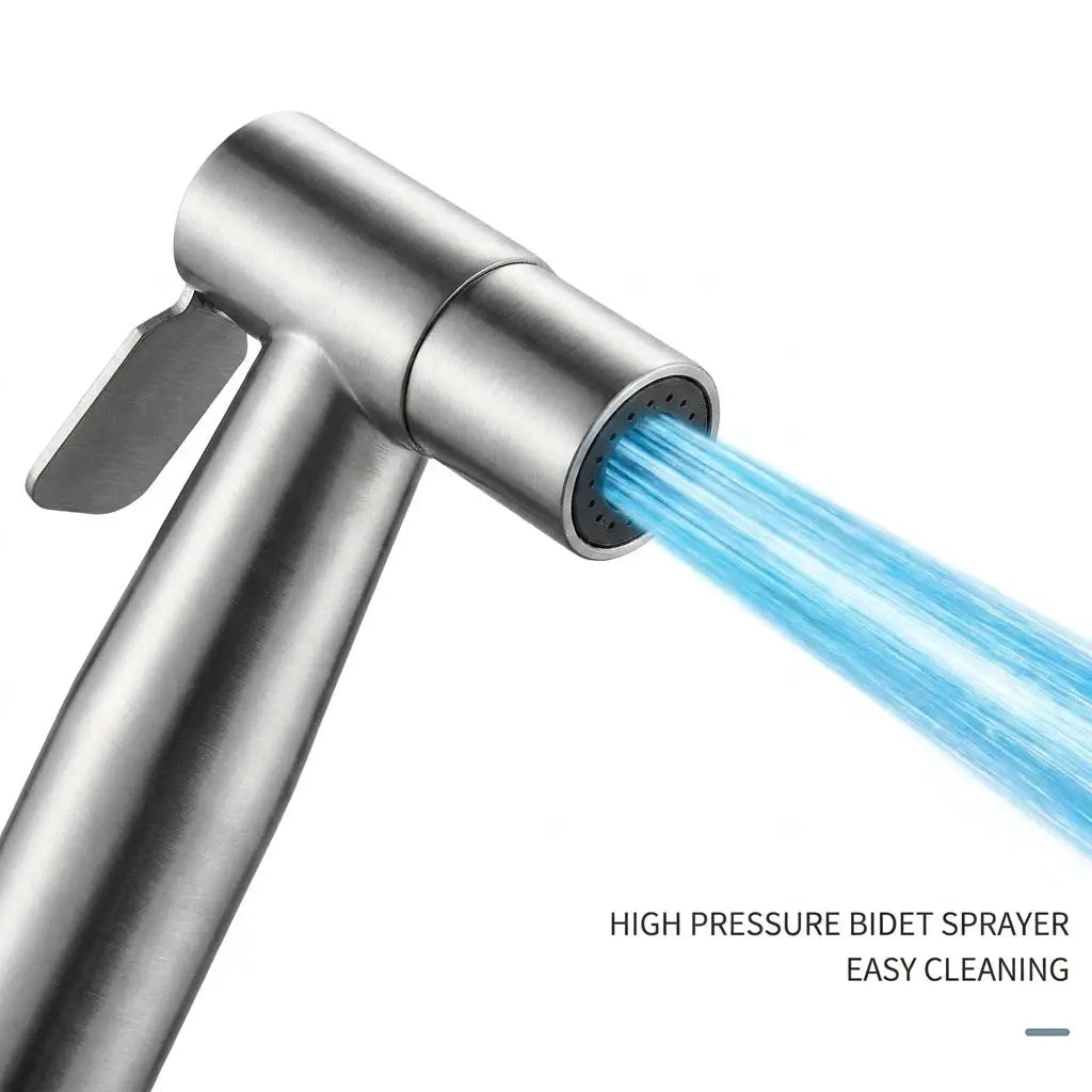 Stainless steel handheld shower spray gun with blue water spray