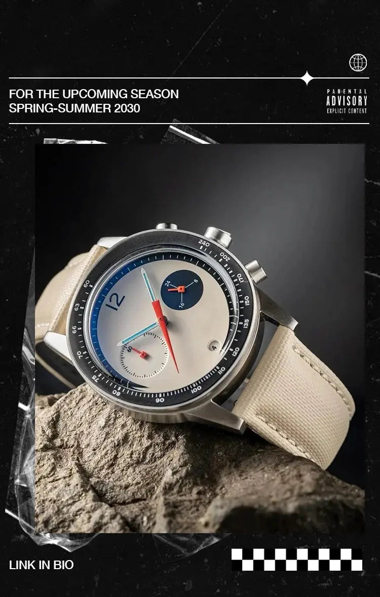 Men's Simples Market quartz wristwatch with beige fabric strap, silver case, white dial and blue inner ring