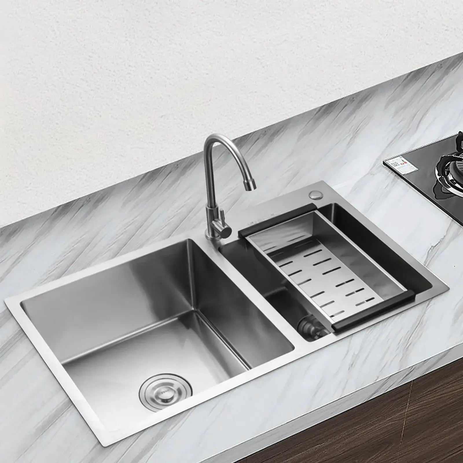 Stainless steel double-bowl drop-in kitchen sink with high-arc faucet and built-in drainboard