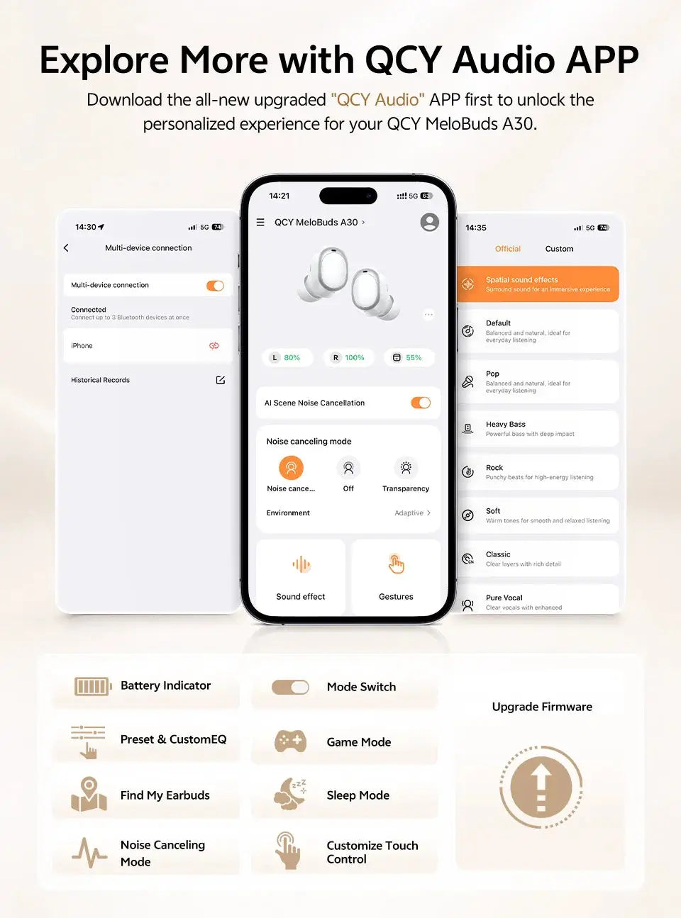 QCY MeloBuds A30 wireless earbuds in white, shown on three smartphones displaying the QCY Audio app UI