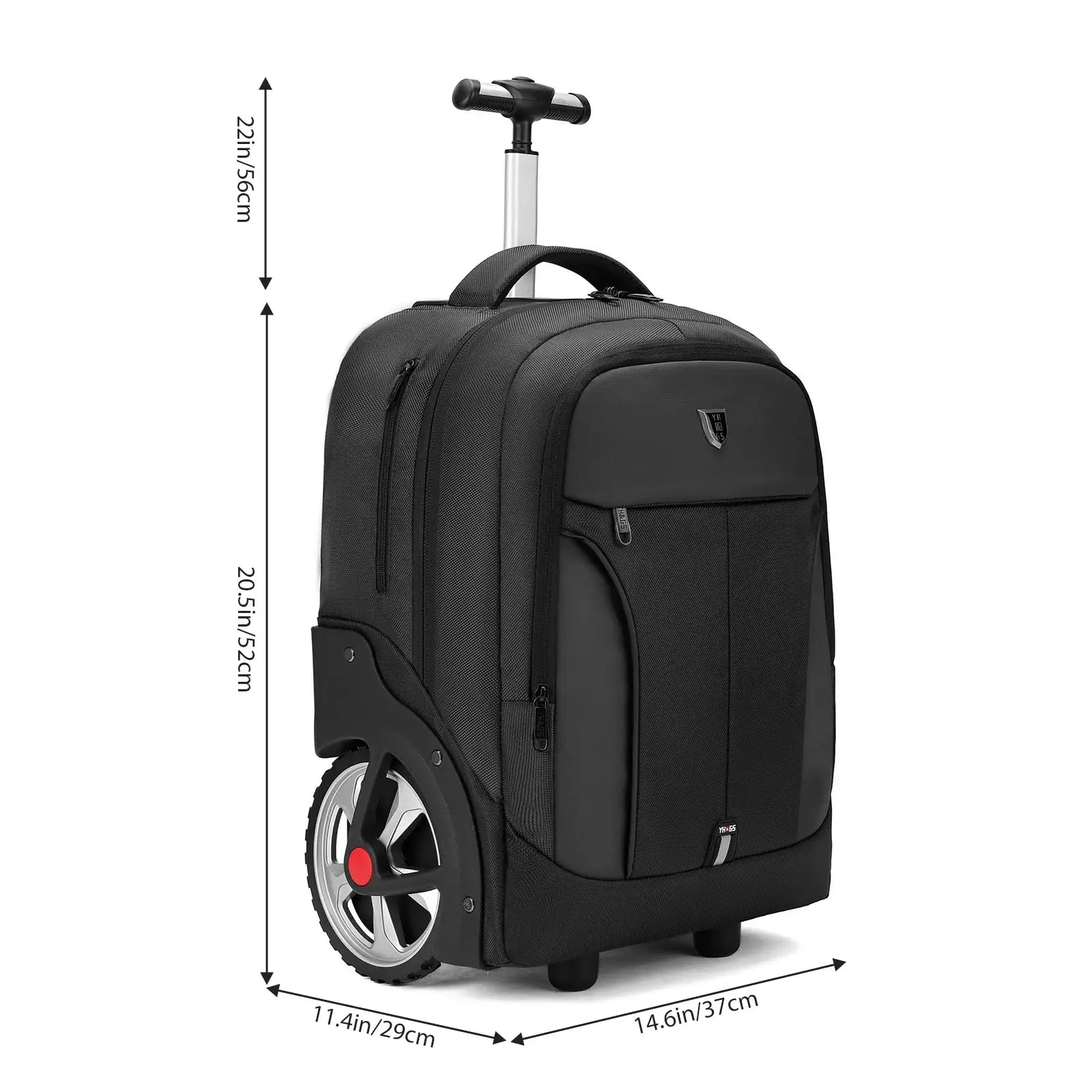 Simples Market 20-inch rolling luggage backpack with wheels, black, large-capacity carry-on trolley bag.