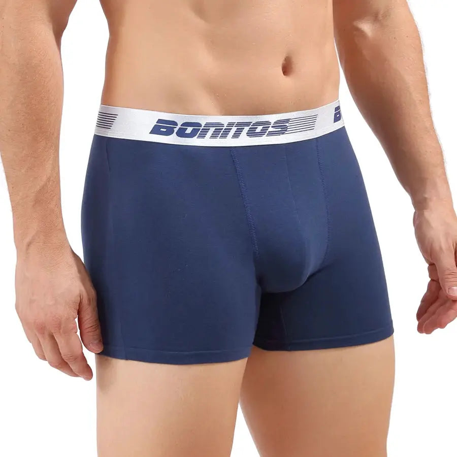 Men's navy blue cotton boxer briefs with white elastic waistband featuring BONITOS logo