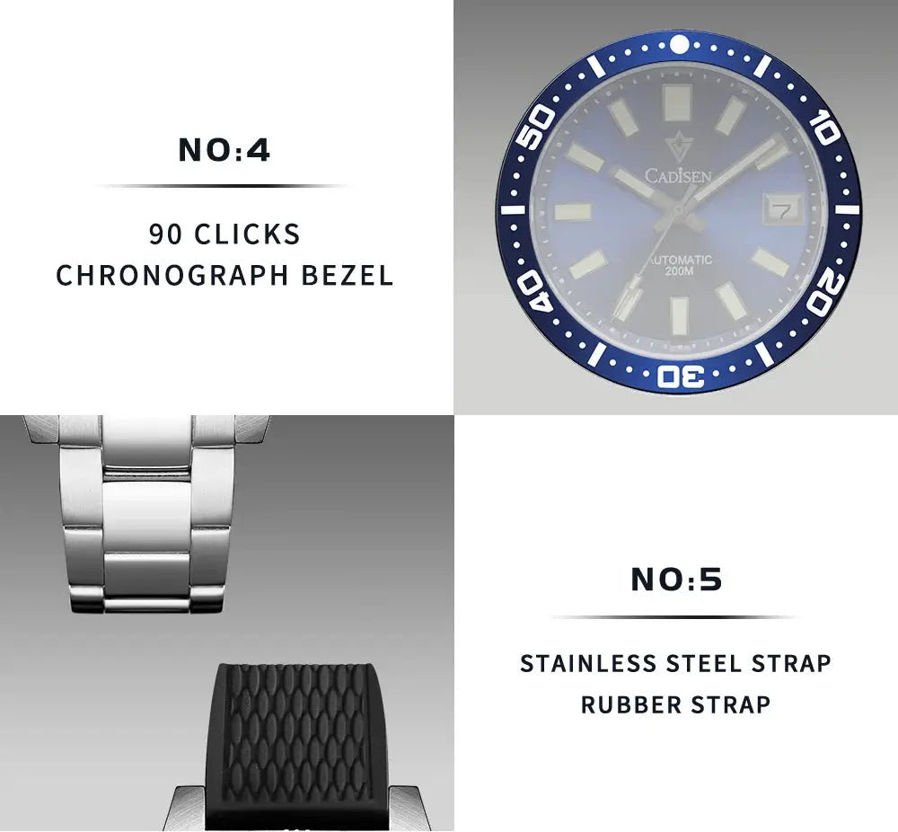 CADISEN Diver Men's 38mm watch with blue bezel; two strap options: stainless steel bracelet and rubber strap