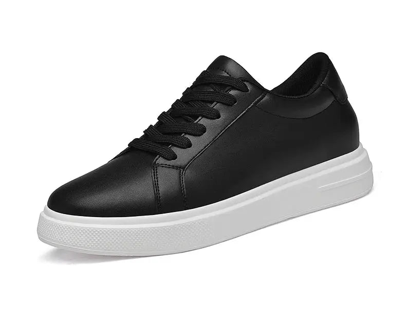 Men's black leather elevator sneakers with white chunky sole and height-increasing insole (6–10 cm)