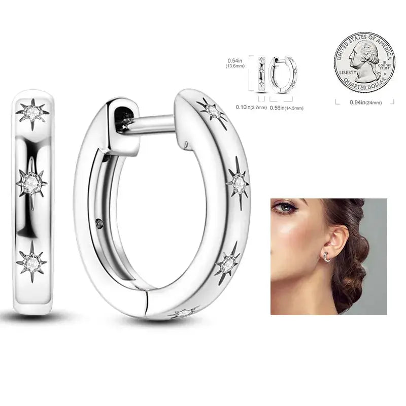 925 Silver Hoop Earrings For Women Zircon Heart Shape Star Eardrops Original Fashion Jewelry