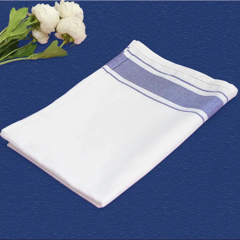 European kitchen towel placemat, white thickened cotton cup cloth with blue striped border