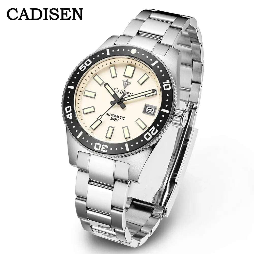 CADISEN 38mm diver watch, stainless steel, beige dial, black bezel, luminous markers, date, 200m water resistance