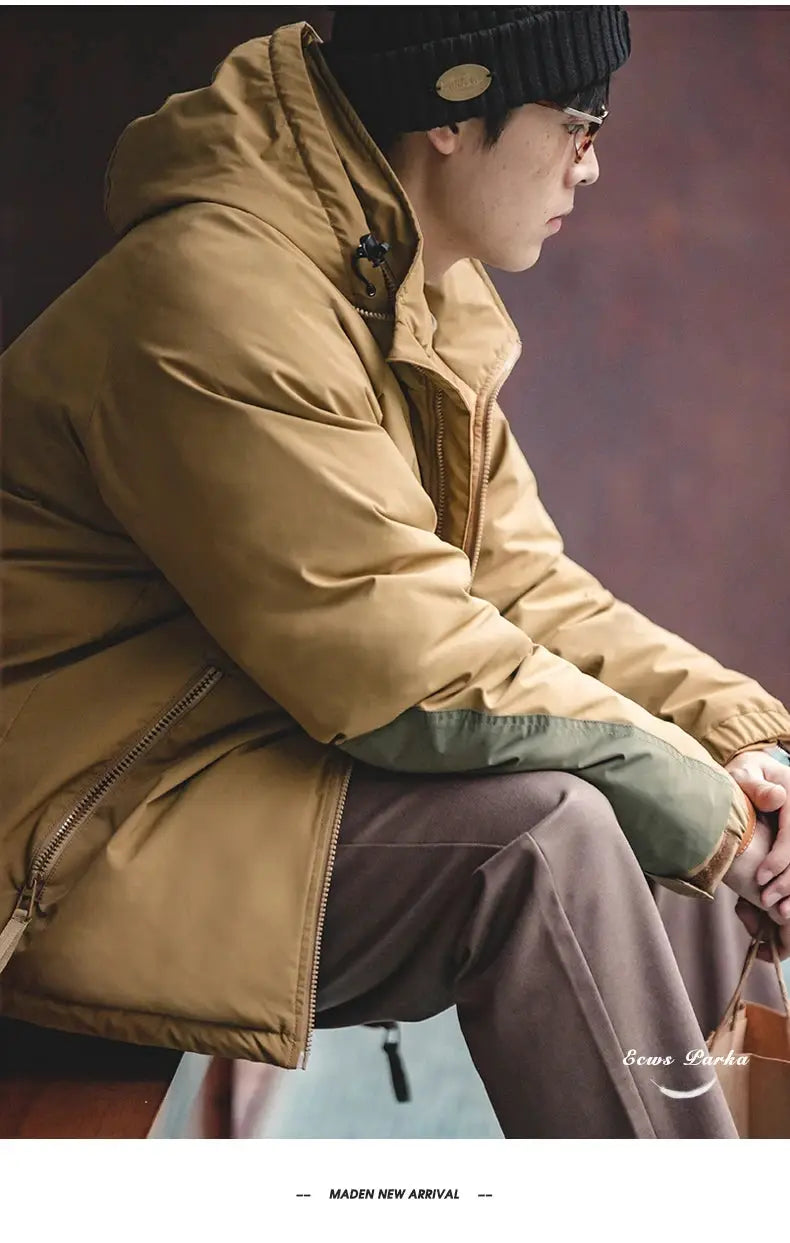 Simples Market Maden hooded down jacket for men; tan parka with olive-green sleeve cuffs