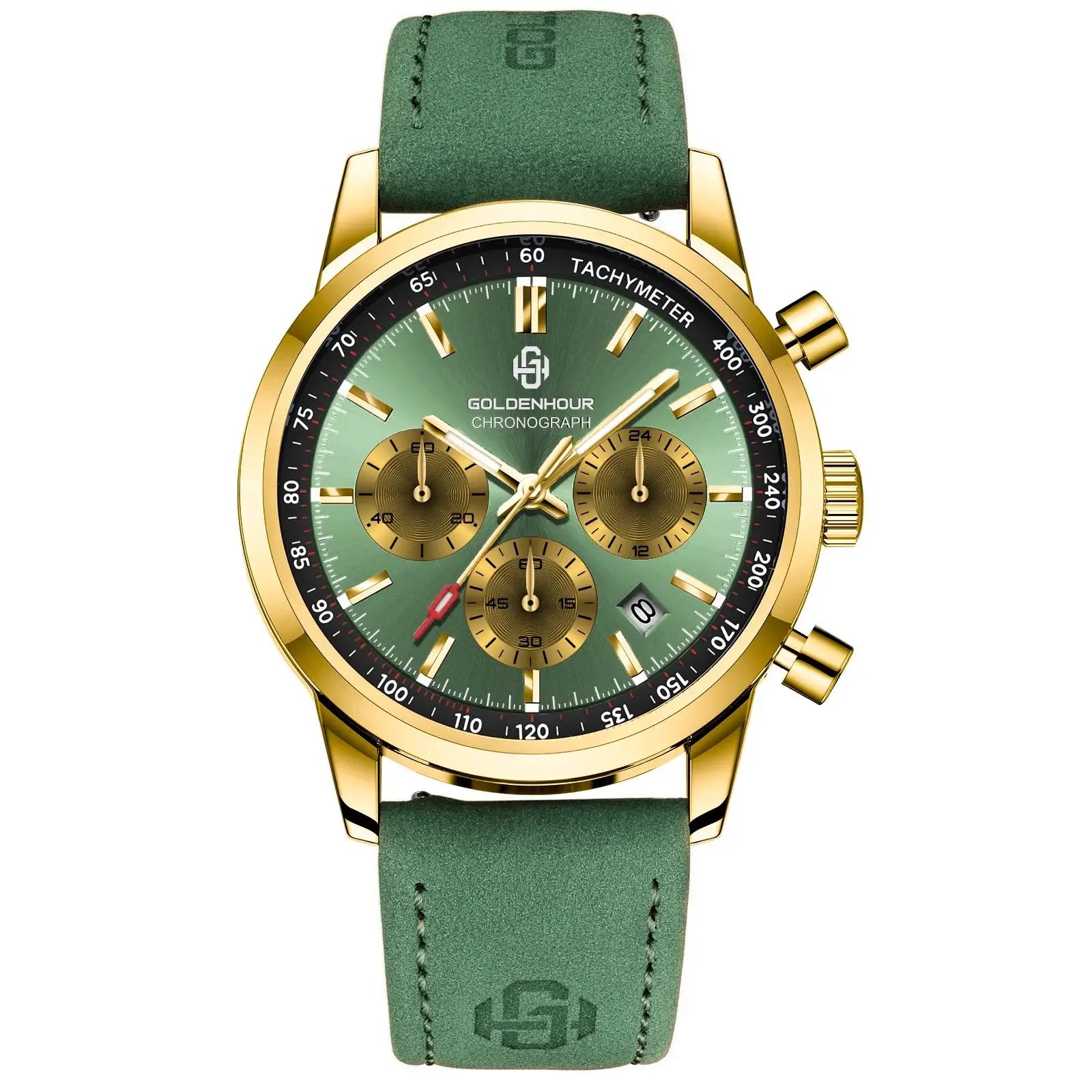 Men's GOLDENHOUR chronograph watch with green dial and gold-tone case