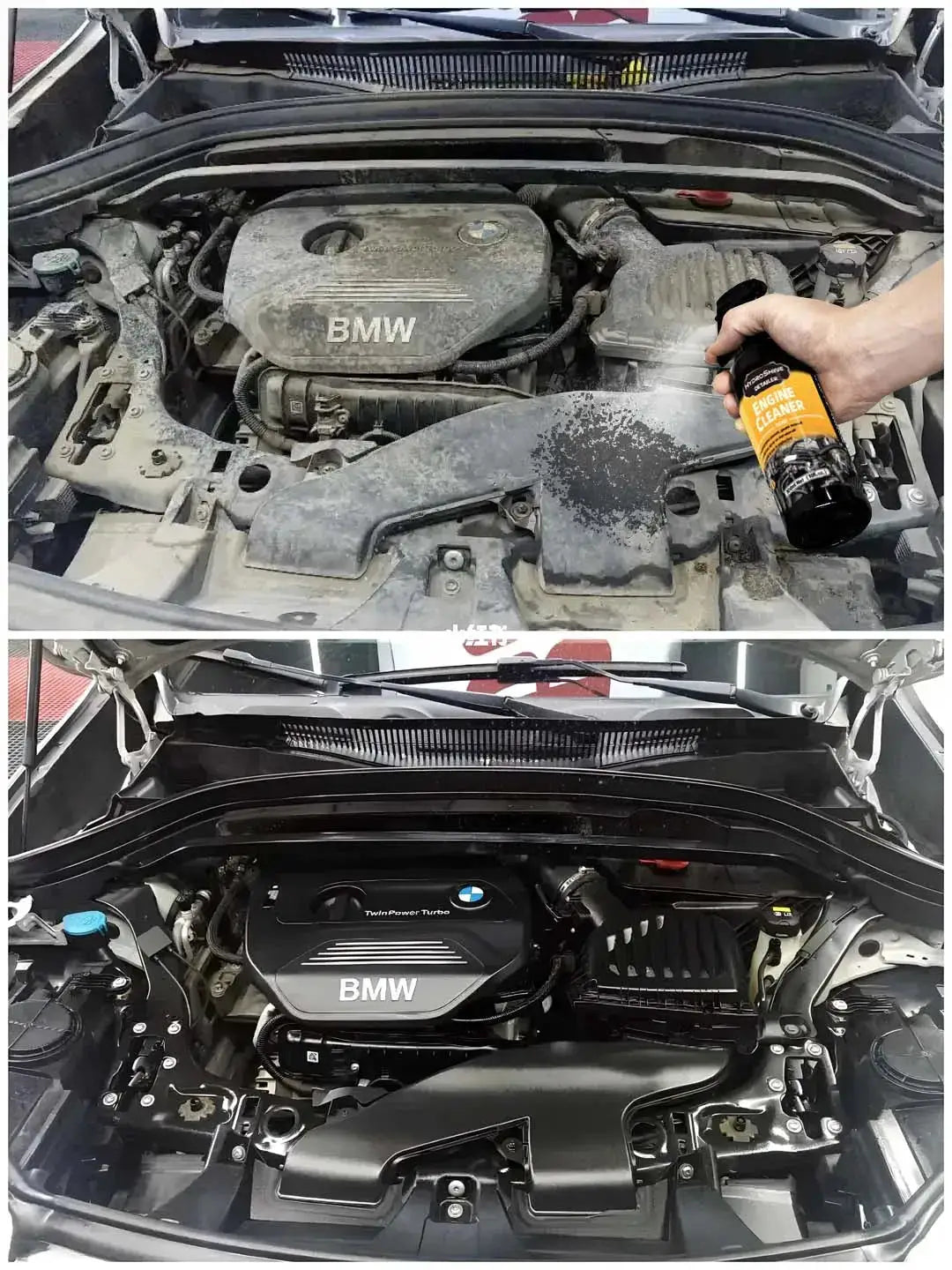 Hydroshine Engine Bay Cleaner spray by Simples Market used on dusty BMW engine bay; engine cover after cleaning.