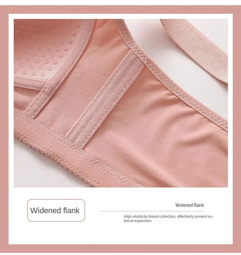 Pink widened-flank bra with glossy fabric, no underwire, large size