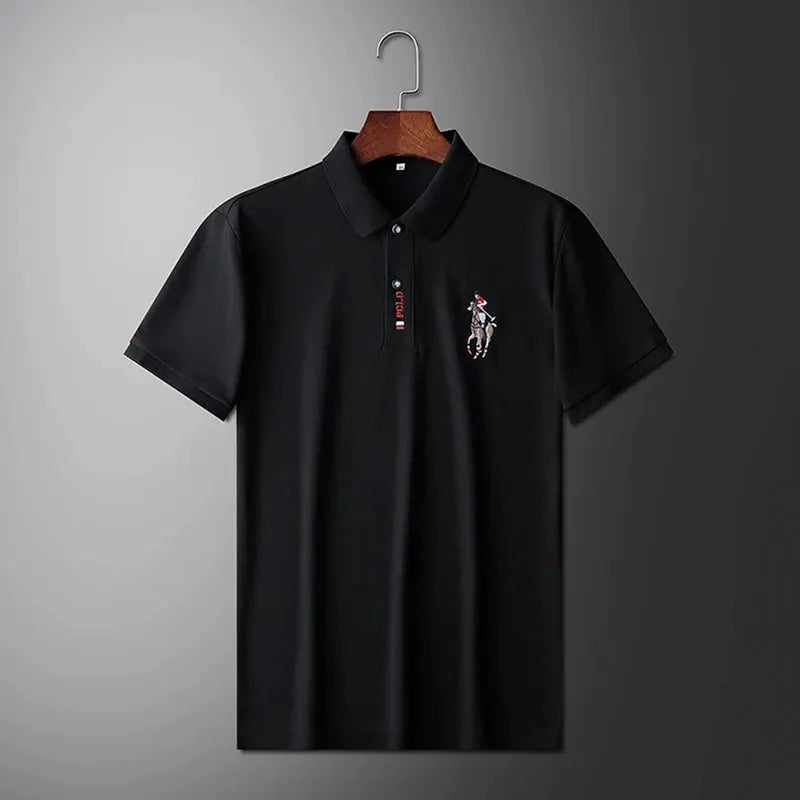 Men's black polo shirt with short sleeves, displayed on a hanger, featuring polo-player embroidery on the chest.