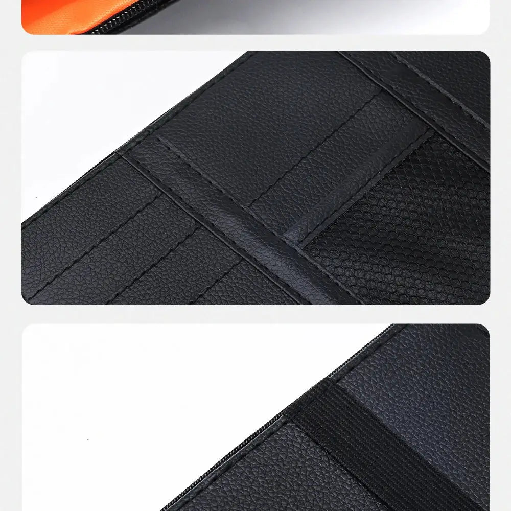 JFBONIN car sun visor organizer in black textured faux leather with card slots and strap