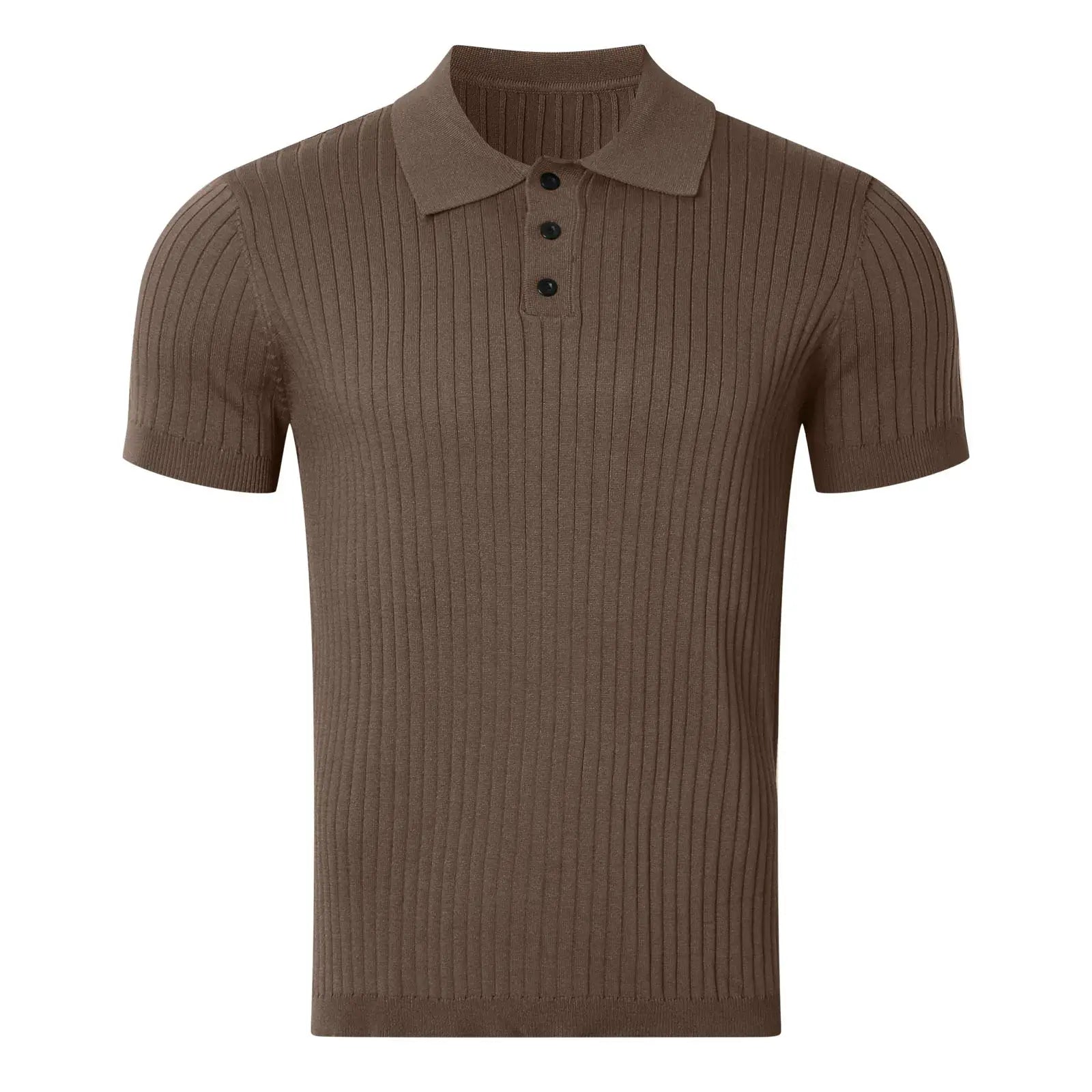 Polo shirt, brown knit with ribbed texture, short sleeves and three-button placket