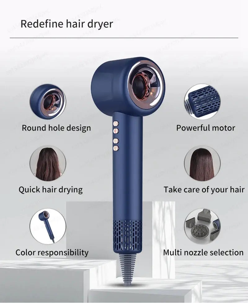 Simples Market blue 220V leafless hair dryer with round-hole head, copper ring, and multiple nozzle options