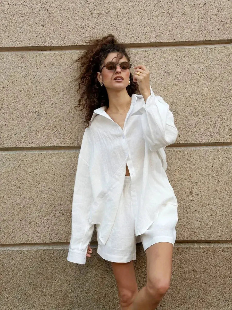 Bornladies Cotton Shorts Set Lapel Long Sleeve Shirt Elastic Waist