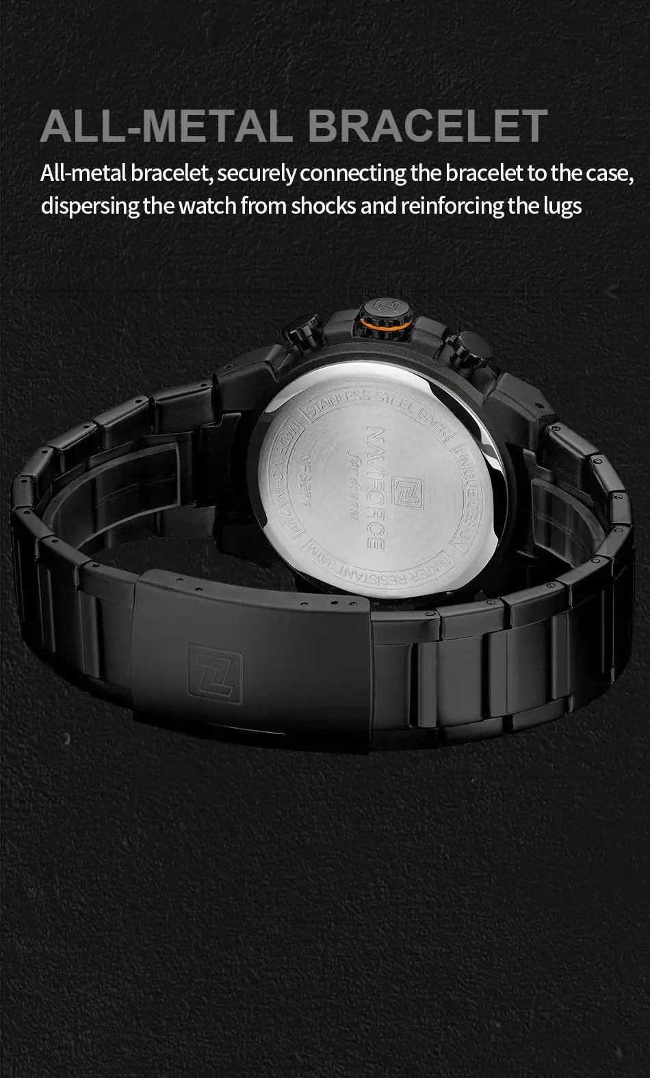 NAVIFORCE men's black all-metal bracelet wristwatch with stainless steel back and visible logo on clasp