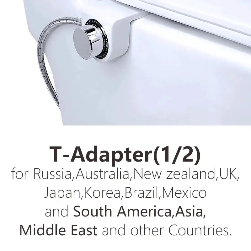 Bidet toilet seat attachment with chrome T-Adapter and flexible hose on white toilet, Simples Market.