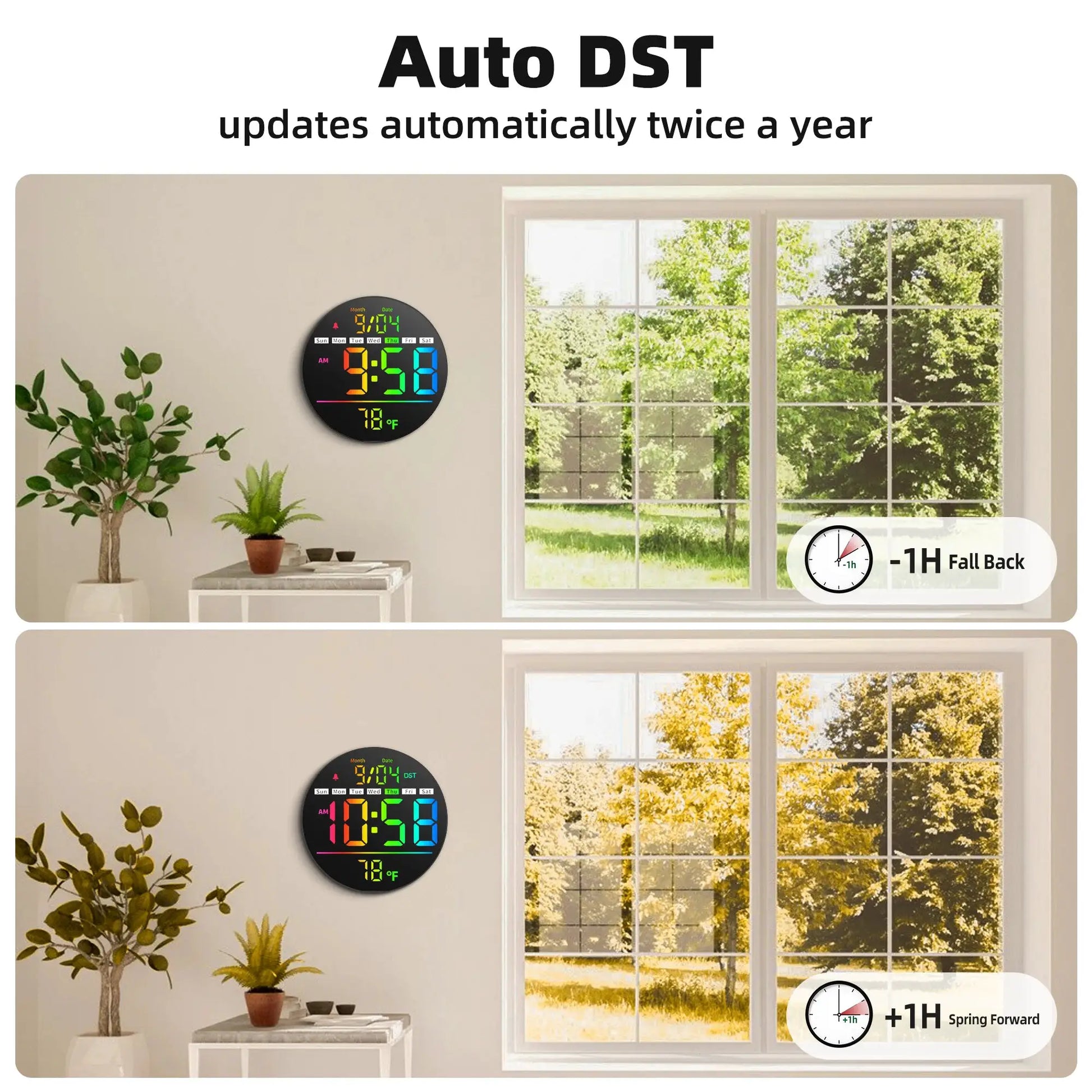 Simples Market 8'' LED wall clock with timer, temperature, date, night light, RGB color, alarm, 5-level brightness