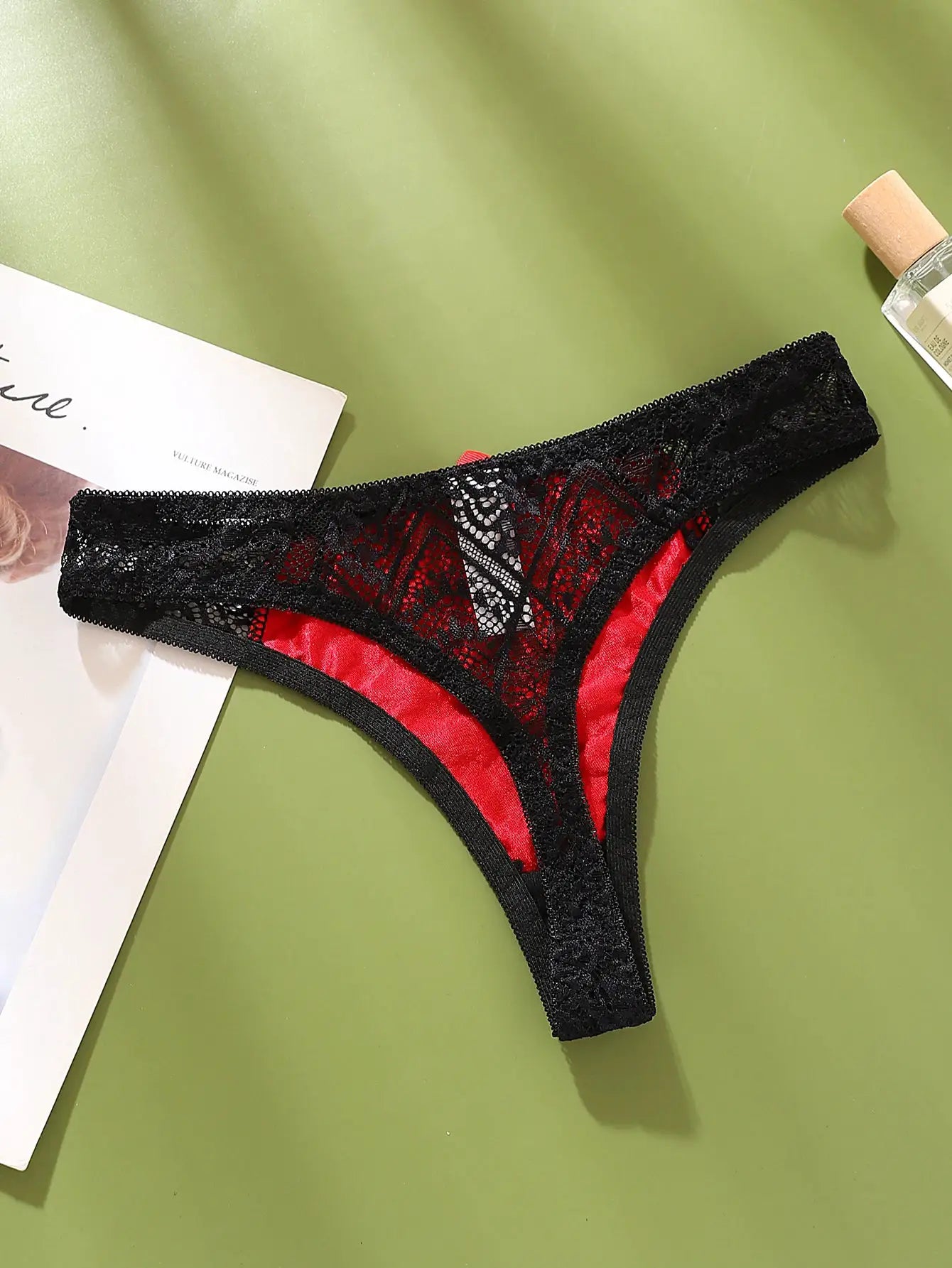 Simples Market black lace G-string panties with red satin color-block panels, low-rise lingerie