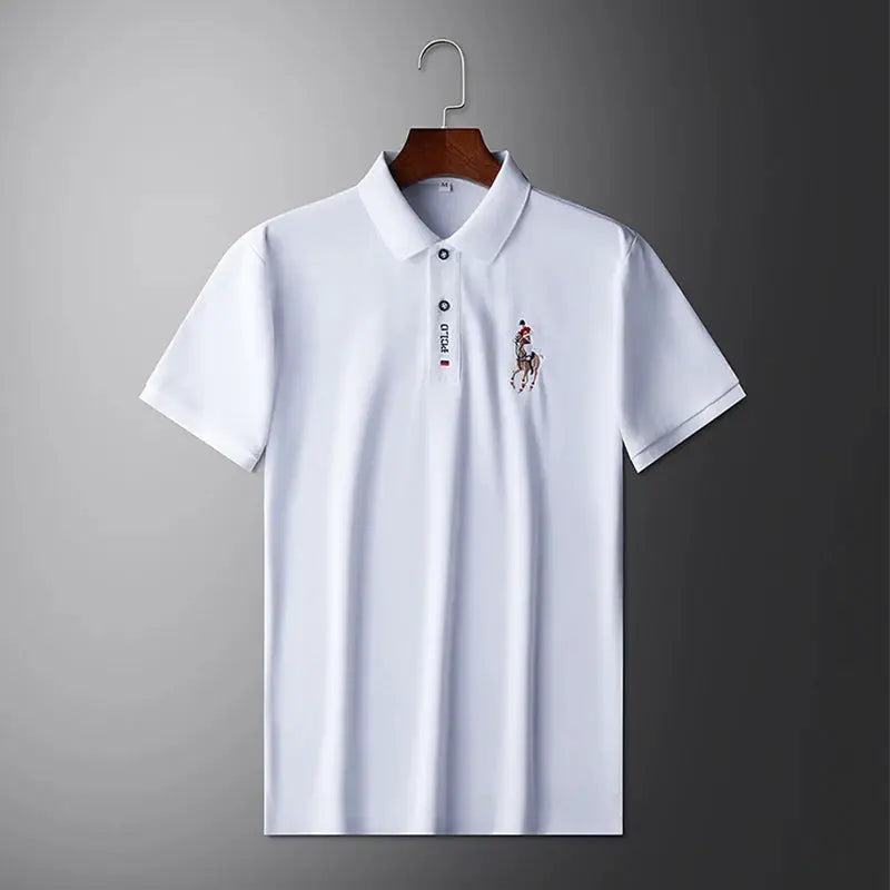 Men's white polo shirt with short sleeves and embroidered polo pony logo by Simples Market