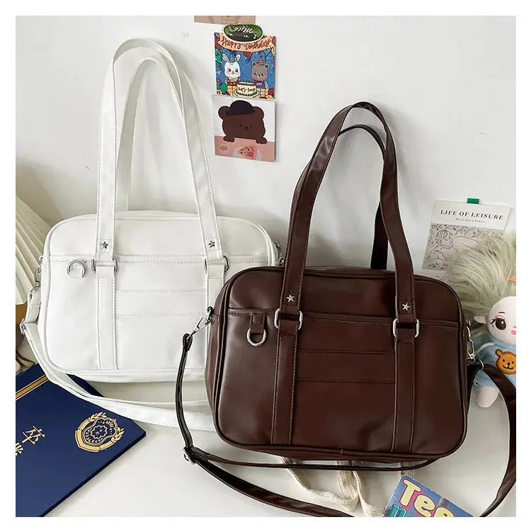 Simples Market PU leather JK bag set, two white and brown school shoulder bags with crossbody strap
