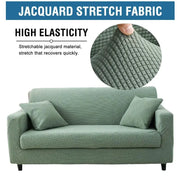 Thick jacquard stretch sofa protector by Simples Market in green for L-shaped living room couch.