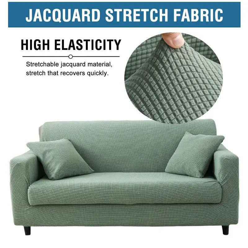 Thick jacquard stretch sofa protector by Simples Market in green for L-shaped living room couch.