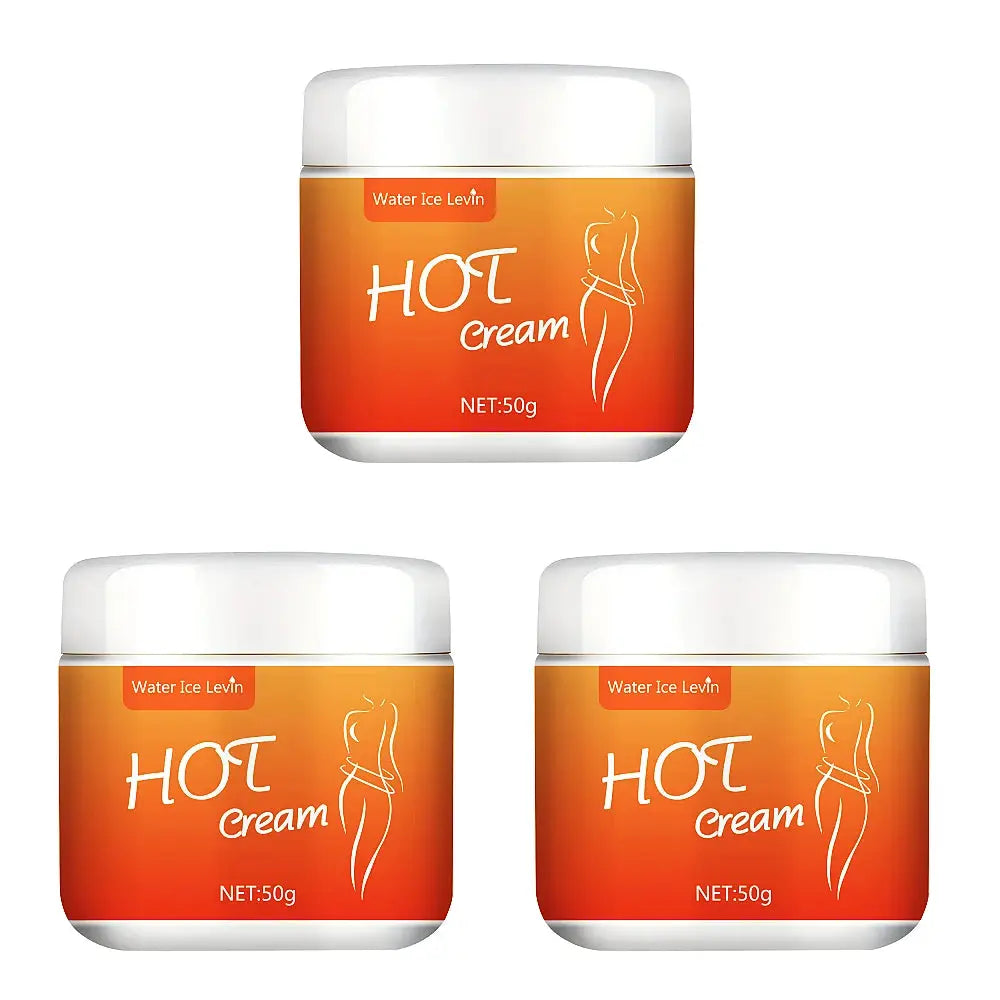 Hot Cream massage cream by Simples Market, 50g; three orange-gradient jars with white caps.