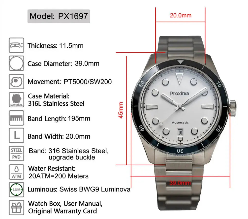 Proxima PX1697 men's watch with white enamel dial, 39mm stainless steel case, automatic movement, luminous hands