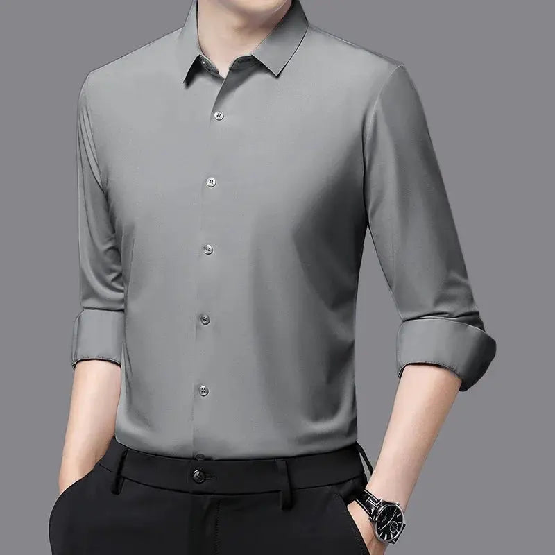 Men's ultra-stretch silky gray dress shirt with long sleeves