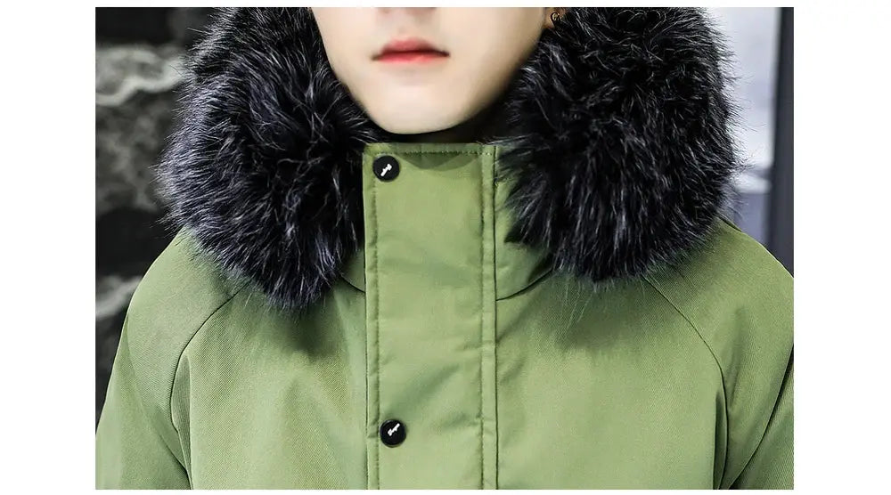 Men's olive green long down jacket with black fur collar, padded winter coat