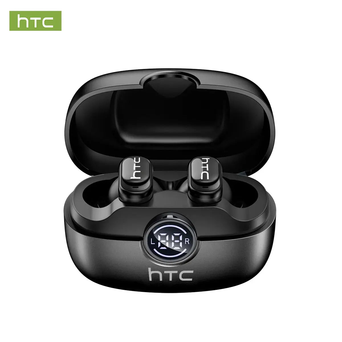HTC NE79 wireless earbuds in black charging case with LED display, 2 earbuds shown