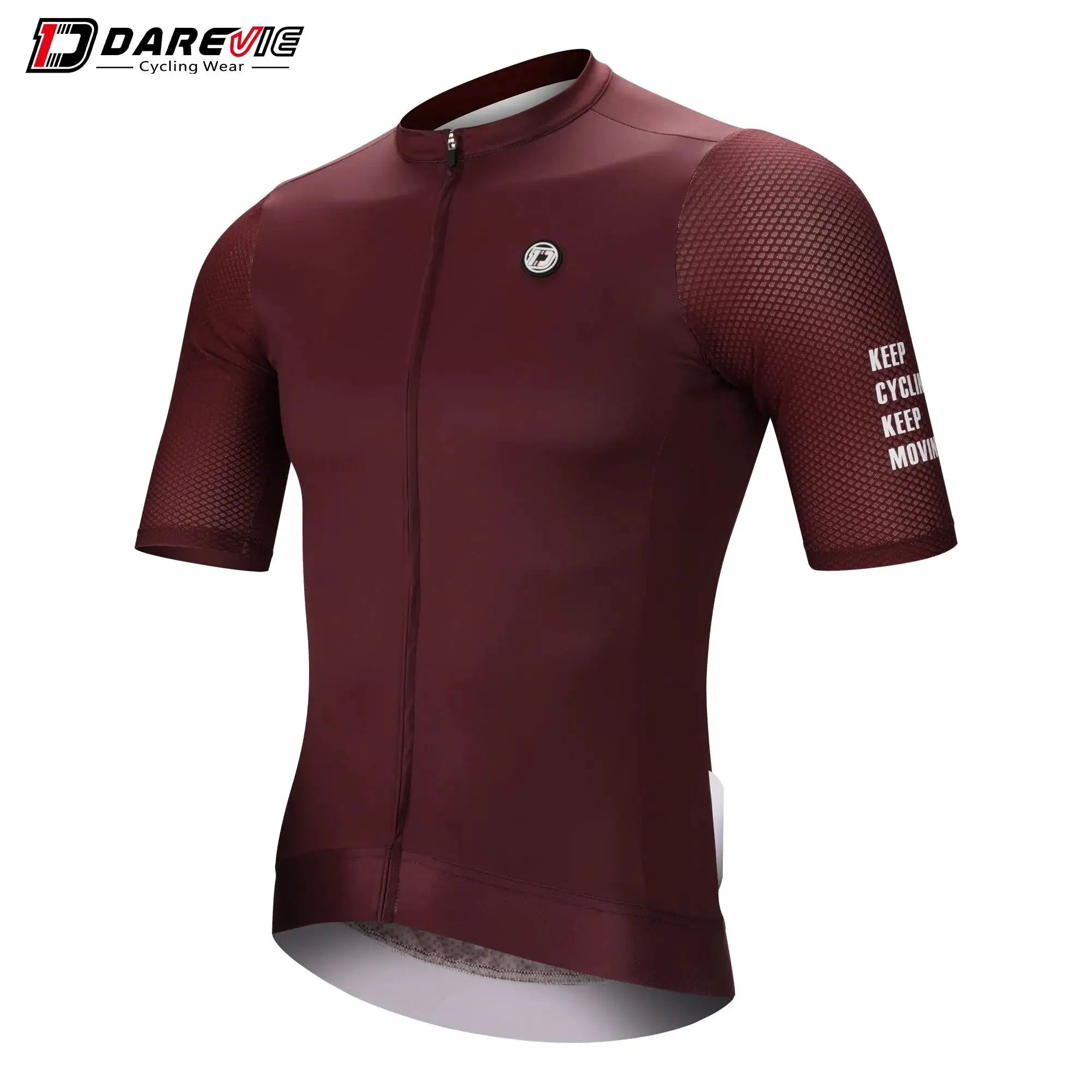 DAREVIE cycling jersey in maroon with zip front and textured mesh sleeves; sleeve reads Keep Cycling Moving