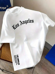 Men's Summer One Hundred Percent Cotton Los Angeles Letter Print Loose Fit Short Sleeve Round Neck T Shirt