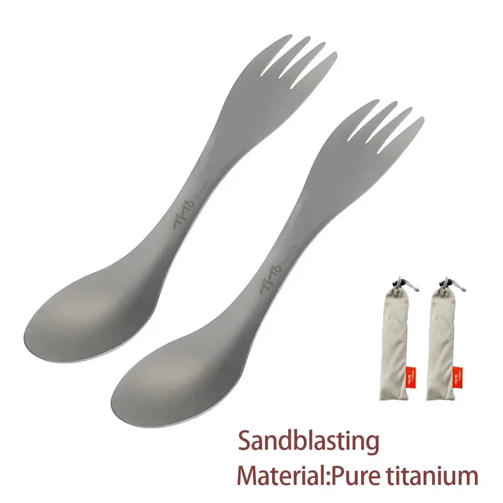 2-pack titanium sporks, 2-in-1 spoon and fork, ultralight sandblasted finish, includes two carrying pouches