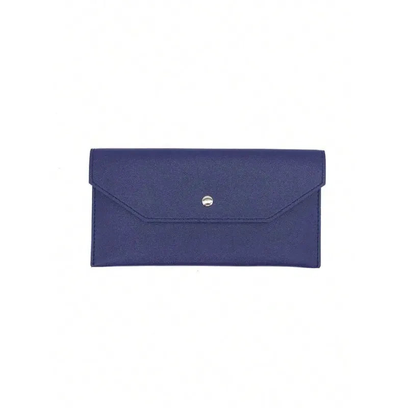 Leather wallet in blue with envelope-style flap and snap closure