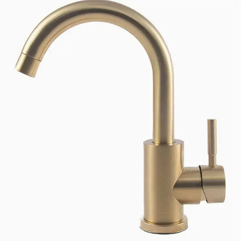 Brushed gold 304 stainless steel kitchen faucet with gooseneck swivel spout and hot/cold handle.