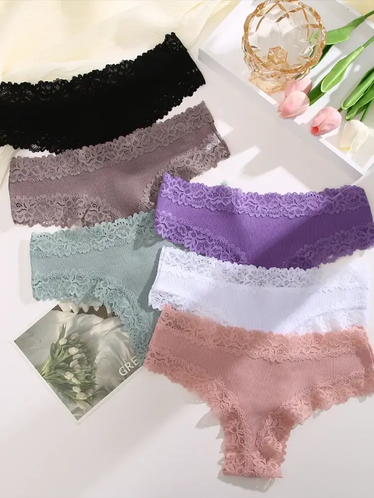 Six-piece women's cotton lace panties set in black, taupe, lilac, mint, white and peach