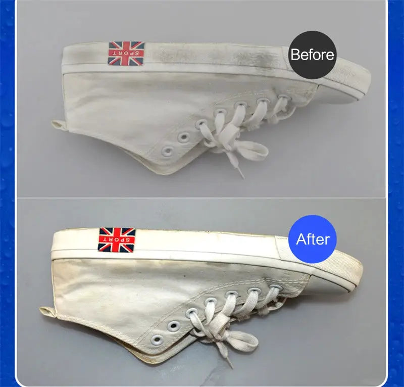 iawesome white shoe cleaner by Simples Market; before and after stain removal on canvas sneakers