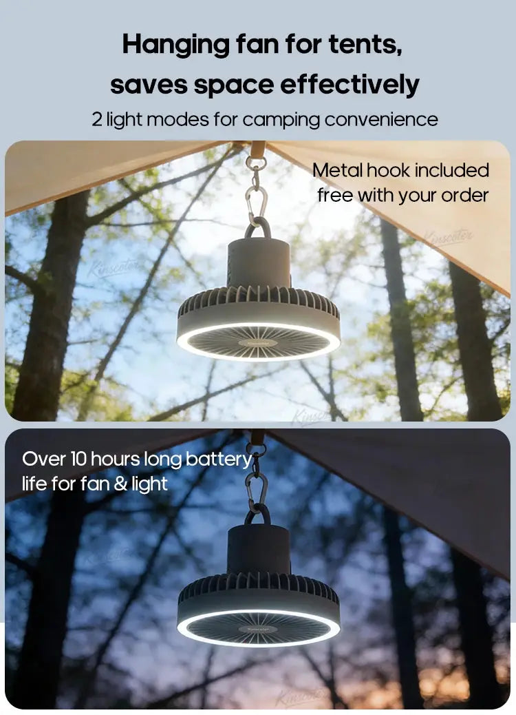 Camping fan by Simples Market with LED light, black hanging pendant, over 10 hours battery life