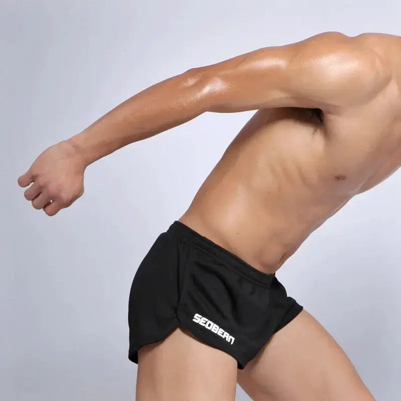 SEOBEAN men's black running shorts with inner shorts and SEOBEAN logo