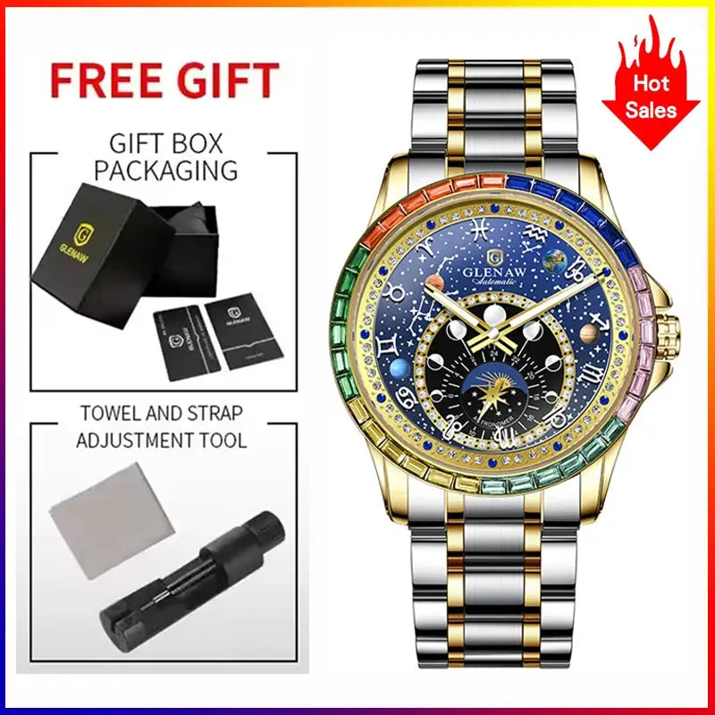 GLENAW rainbow gemstone bezel two-tone mechanical watch for men with constellation dial and stainless steel bracelet.