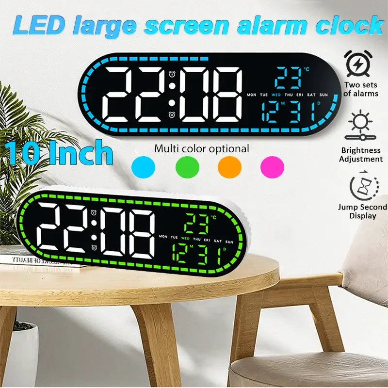 LED large-screen alarm clock by Simples Market; two clocks, blue/green outlines, dual alarms, 10-inch display