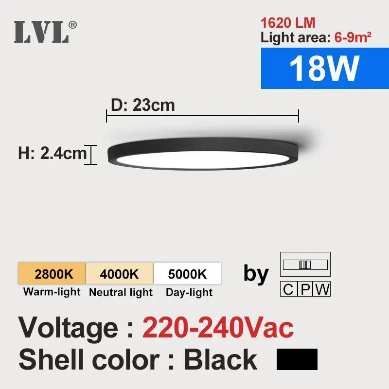 LVL LED Round Ceiling Light, black frame with white inner ring, 18W, 220–240V, Simples Market