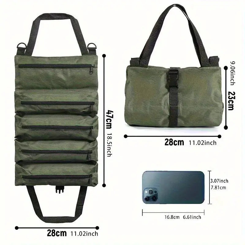 Multi-pocket tool bag by Simples Market in olive green, roll-up portable tool organizer with five zip pockets.