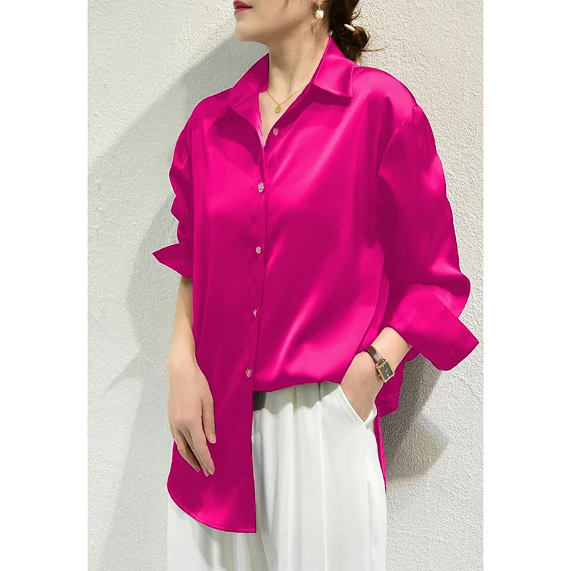 All Match Satin Finish Blouse For Women Turn Down Collar Three Quarter Sleeves Office And Casual Wear
