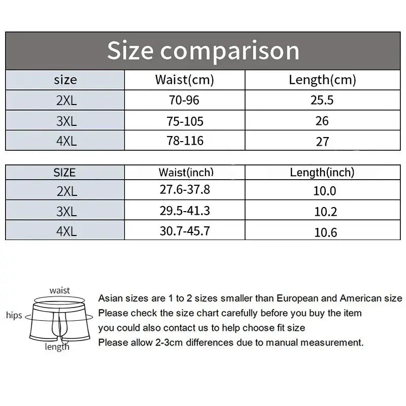 Simples Market 3-pc men's briefs underwear set; size chart with waist and length measurements and underwear diagram