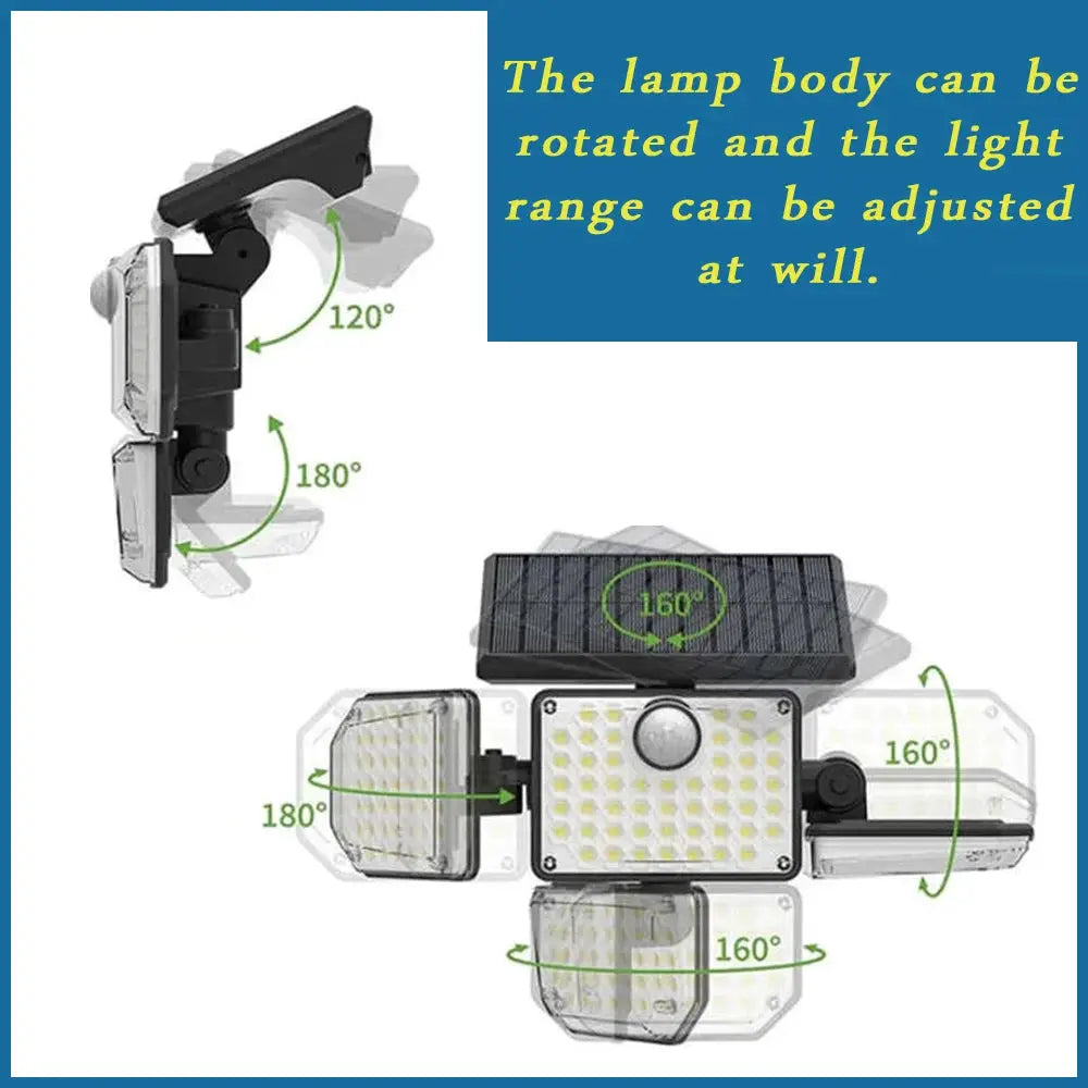 1 Pack Outdoor Motion Sensor Lamp 4 Head Solar Powered Flood Light 122 LED 3000 Lumens 270 Degree Range