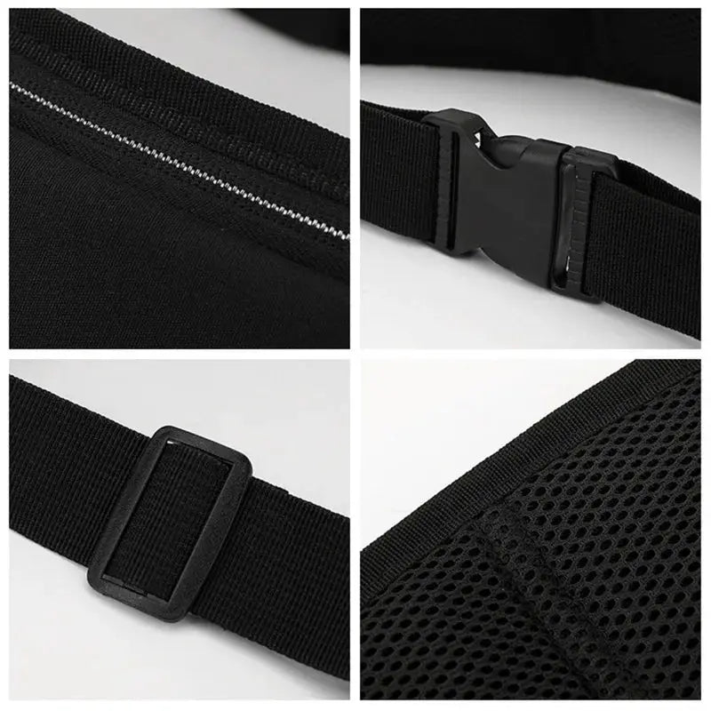 Black fanny pack waist bag for running; lightweight, waterproof, breathable with mesh back panel and adjustable strap.